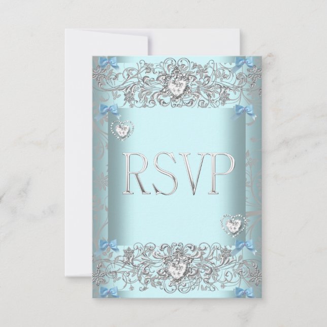 RSVP Teal Blue Damask Wedding White Diamond Hearts (Front)