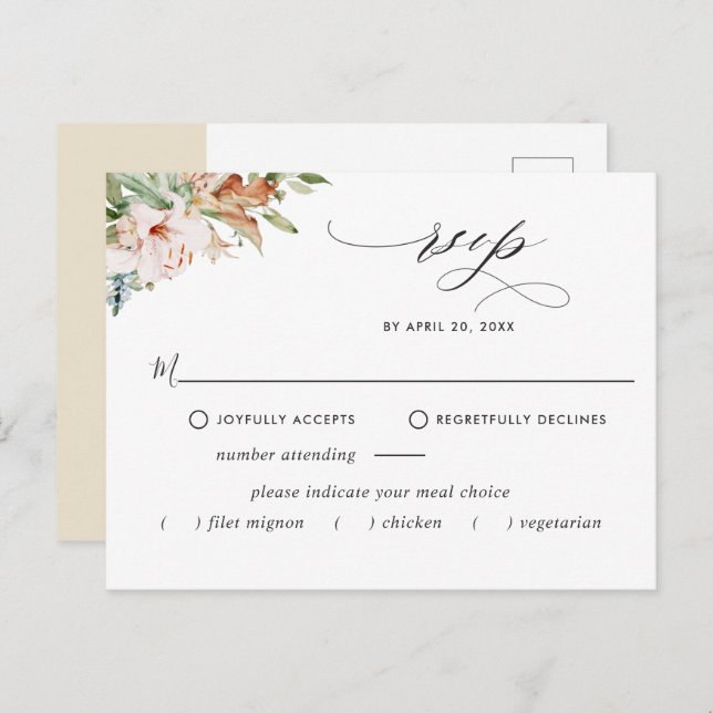 RSVP w/without Meals,  Earthy Blooms Beige Floral Postcard (Front/Back)