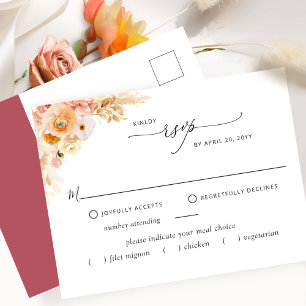 RSVP w/without Meals, Peach and Burgundy Postcard
