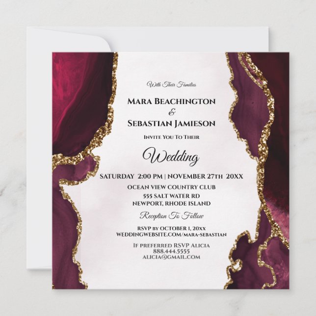 *~* RSVP Website AGATE AR13 Gold Maroon Wedding Invitation (Front)