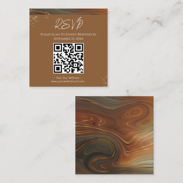 RSVP Website Brown Agate Wedding  Square Business Card (Front/Back)