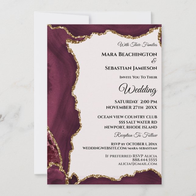 *~* RSVP Website Maroon AGATE Gold AR13 Wedding Invitation (Front)