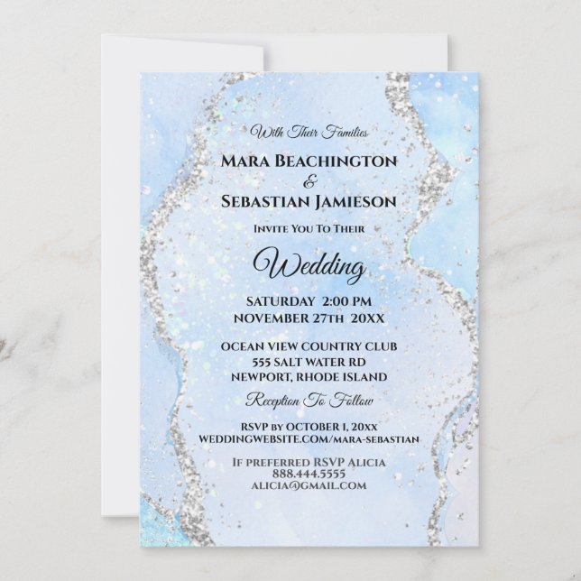 *~* RSVP Website - Ocean AGATE Blue AR13 Wedding Invitation (Front)