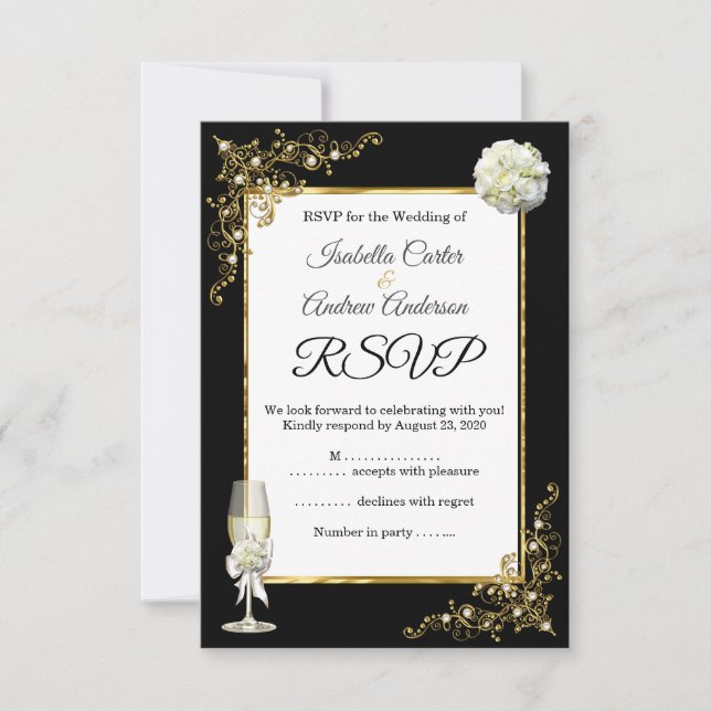 RSVP Wedding Black Champagne Gold Pearl Card (Front)