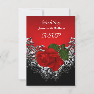 RSVP Wedding Black White Silver Deep RED Rose Card