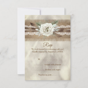 RSVP Wedding Burlap Beige White Rose Lace Bow Card