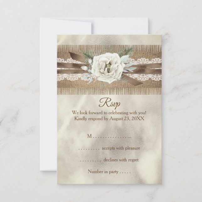 RSVP Wedding Burlap Beige White Rose Lace Bow Card (Front)