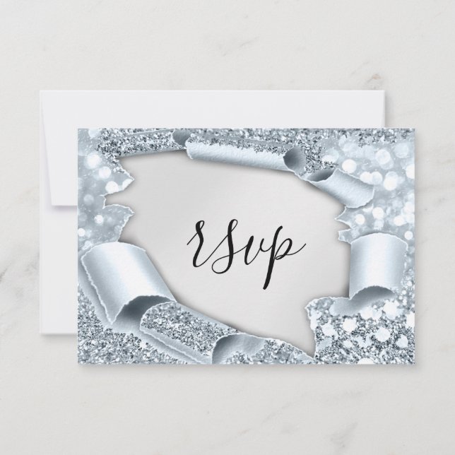 RSVP Wedding Glitter Bridal Grey Silver Blue Card (Back)