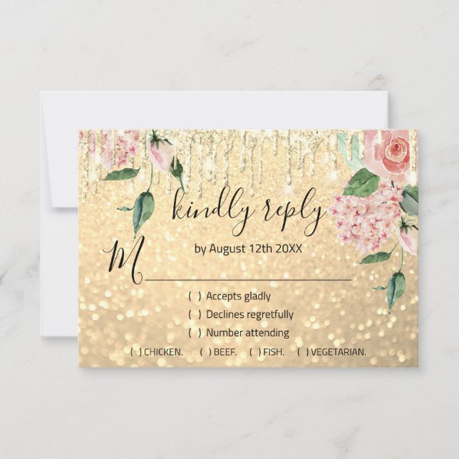 RSVP  Wedding Glitter Bridal Mint Glitter Gold Card (Front)