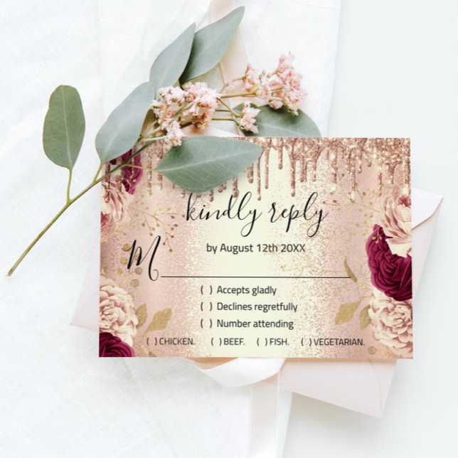 RSVP Wedding Glitter Bridal Rose Gold Drips Burgun Card (Creator Uploaded)
