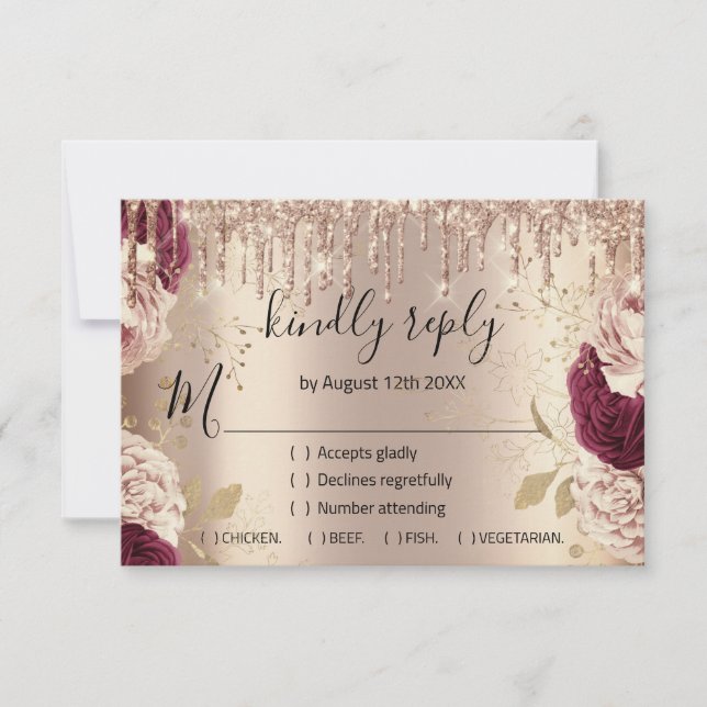 RSVP Wedding Glitter Bridal Rose Gold Wreath Drips Card (Front)