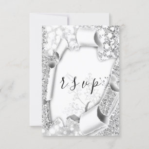 RSVP Wedding Glitter Frame Floral Silver Grey Card
