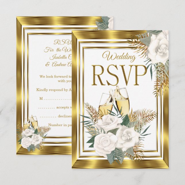 RSVP Wedding Golden White Rose Champagne Gold Card (Front/Back)
