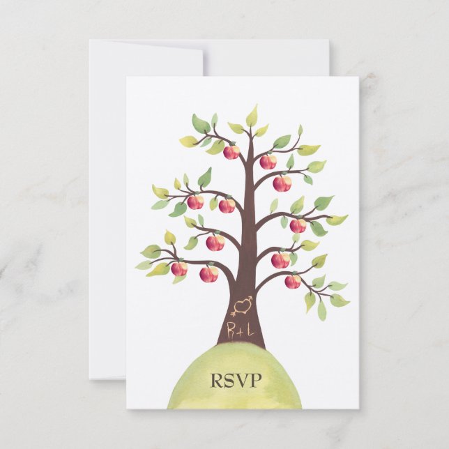 RSVP Wedding Monogram Apple Tree Carving Card (Front)
