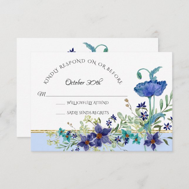 RSVP Wedding Pale Blue Poppy Watercolor Floral Invitation (Front/Back)