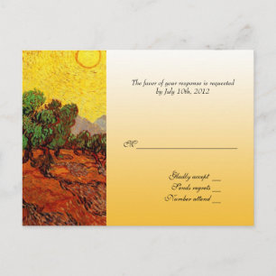 RSVP wedding postcard. Olive Trees in Yellow Sky Invitation Postcard