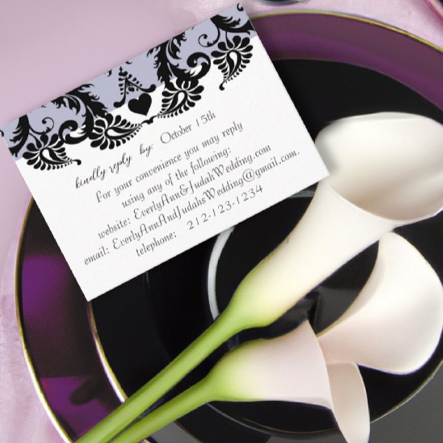 RSVP Wedding Response Card Purple  Black Damask (Creator Uploaded)