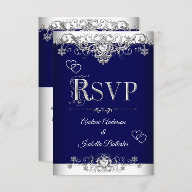 RSVP Wedding Royal Blue Silver Diamond Hearts Invitation (Front/Back)