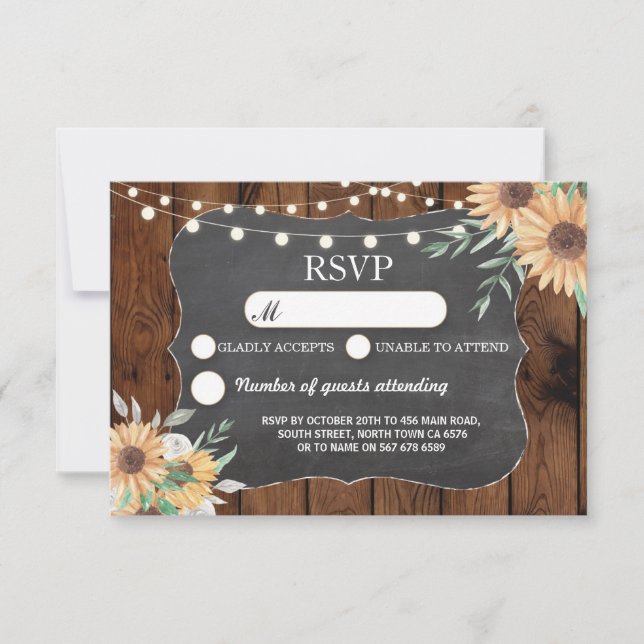 RSVP Wedding Rustic Lights Sunflower Respond Cards (Front)
