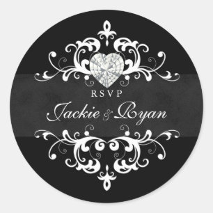 RSVP Wedding Stickers Black White Heart Jewel