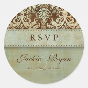 RSVP Wedding Stickers Damask Brown Green Vintage