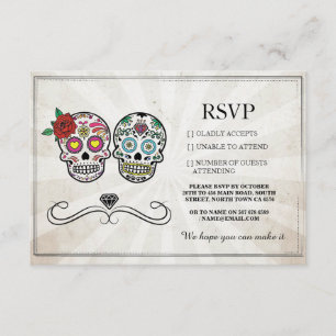 RSVP Wedding Sugar Skulls Diamond Rustic Cards