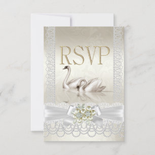 RSVP Wedding Swans White Pearl Lace Damask Card
