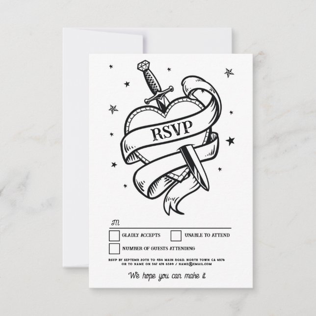 RSVP Wedding Tattoo Traditional Rock Heart Invitation (Front)