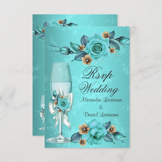 RSVP Wedding Teal Blue Champagne Roses Flowers  Invitation (Front/Back)