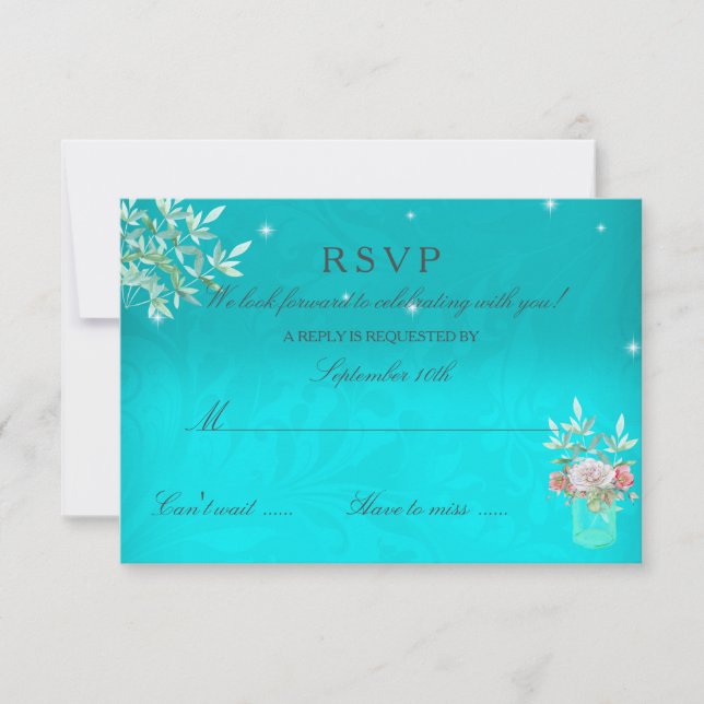 RSVP Wedding Teal Floral Mason Jar Pink Rose (Front)