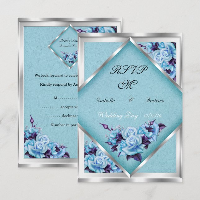 RSVP Wedding Teal Purple Roses Silver Bouquet Invitation (Front/Back)