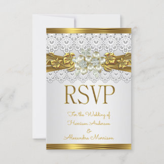RSVP Wedding White Pearl Gold Lace Floral Invitation
