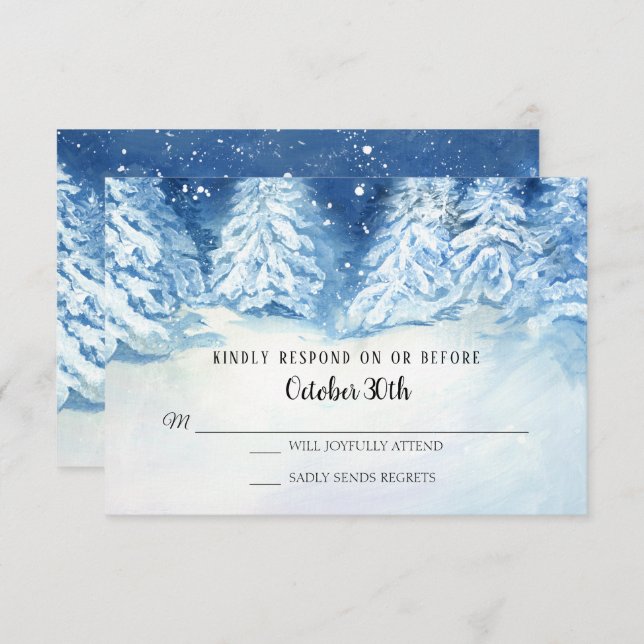 RSVP Wedding Winter Navy Snowy Trees Watercolor Invitation (Front/Back)