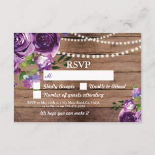 RSVP Wedding Wood Cards Purple Flowers Invites