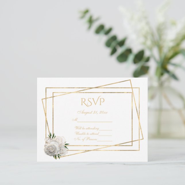 RSVP White and Gold With White Roses Postcard (Standing Front)