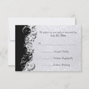 RSVP White Glitter, Black & Silver Floral Wedding Card