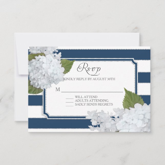 RSVP White Hydrangea Elegant Navy Wide Stripe Card (Front)
