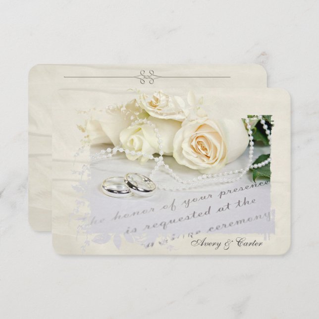 RSVP white roses and rings Invitation (Front/Back)