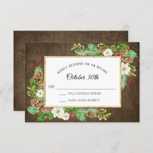 RSVP Winter Rustic Wood Christmas Botanical Floral Invitation