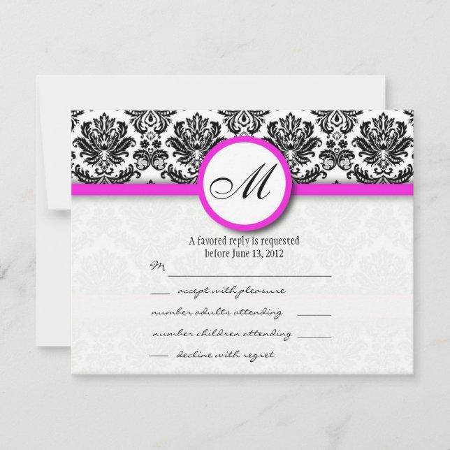 RSVP with Black and Hot Pink Damask Monogram (Front)