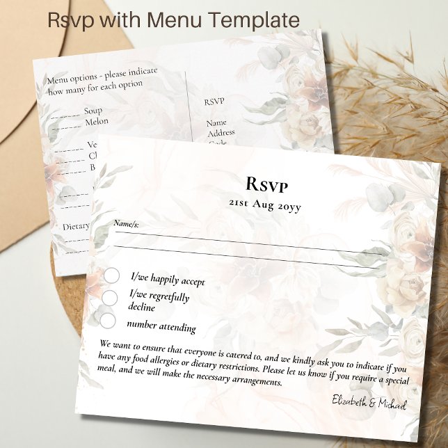 RSVP with Menu Template Boho Pampas Grass  Postcard (Creator Uploaded)