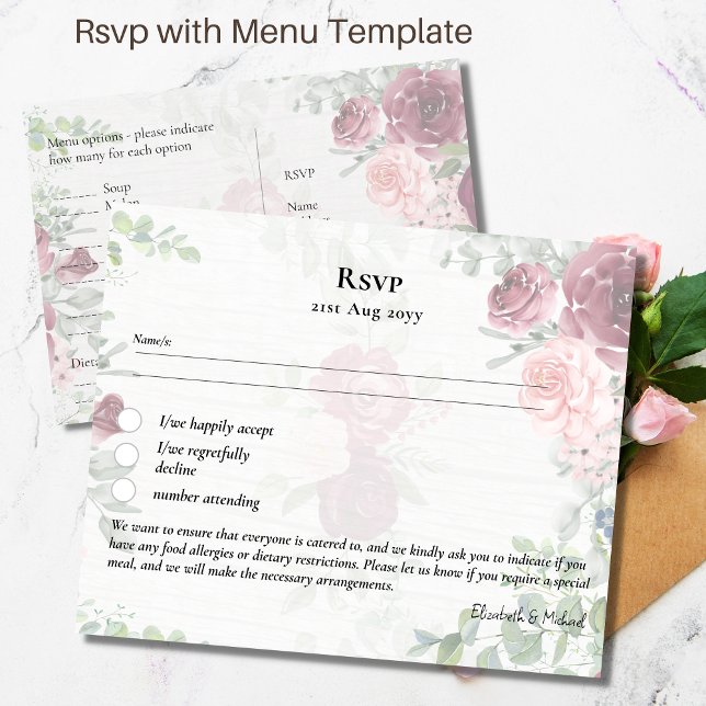 RSVP with Menu Template Burgundy Pink Roses Postcard (Creator Uploaded)