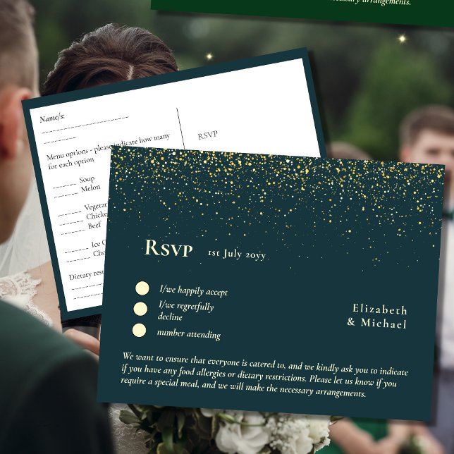 RSVP with Menu Template | Peacock Blue Green Gold Postcard (Creator Uploaded)