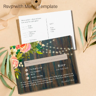 RSVP with Menu Template Rustic Pink Flowers Lights Postcard