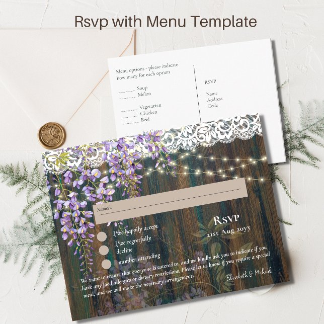RSVP with Menu Template Rustic Wisteria Lace Postcard (Creator Uploaded)