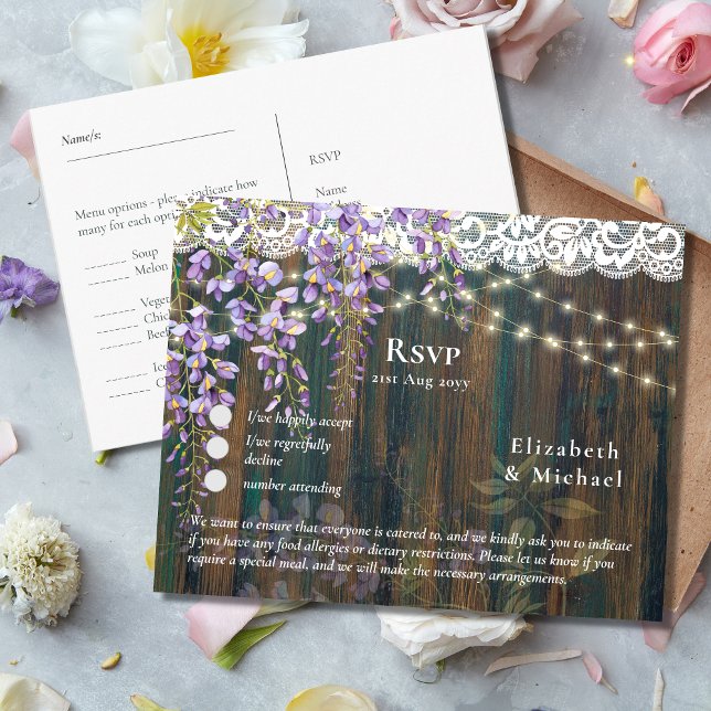 RSVP with Menu Template Rustic Wisteria Lace Postcard (Creator Uploaded)