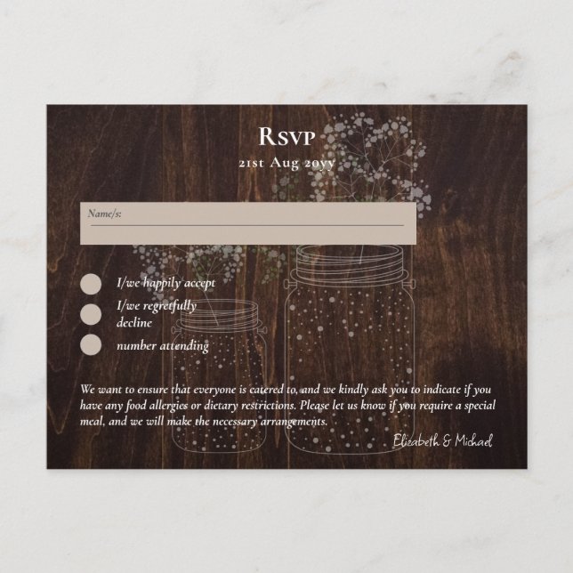 RSVP with Menu Template Rustic Wood Mason Jars Postcard (Front)