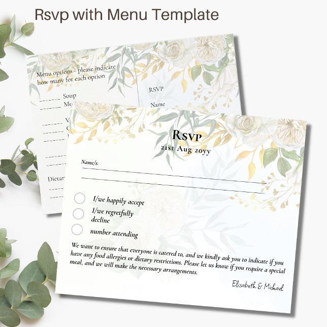 RSVP with Menu Template White Roses Greenery Postcard (Creator Uploaded)