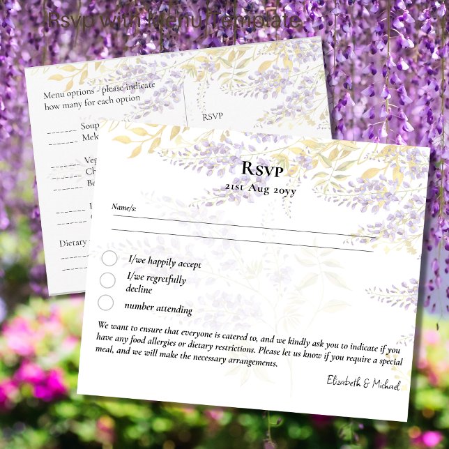 RSVP with Menu Template Wisteria Purple Flowers Postcard (Creator Uploaded)