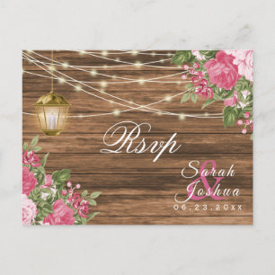 RSVP - Wood, Lantern and Pink Mauve Floral Wedding Postcard